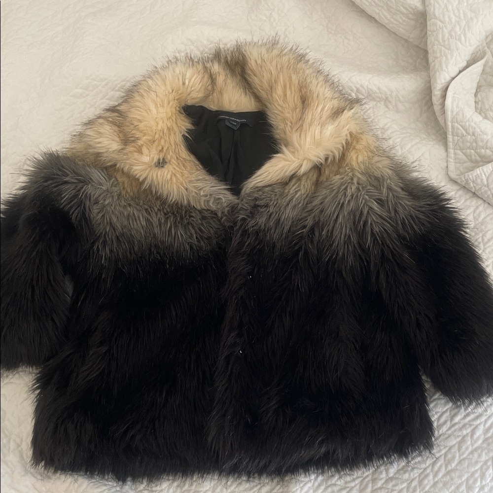 French Connection Black and Cream Faux Fur Coat